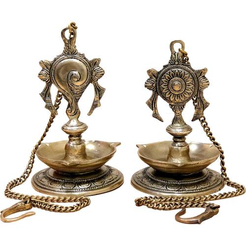 StonKraft - Pair of Brass Hanging Diya, Oil Lamp, Lamp for Home and Office (Hanging Length 25.75)