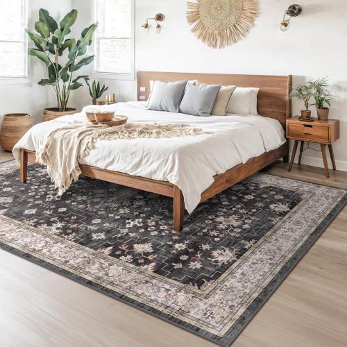 Size large Black Farmhouse Washable Area Rugs for Living Room, Bedroom, Dining Room Kitchen Table Rug for Under Table, Office, Dark Charcoal Tumble Stain Resistant Non-Slip Large Washable