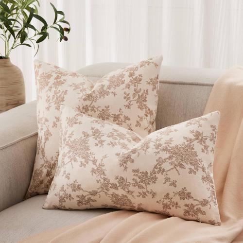 100% Cotton French Pastoral Throw Pillow Covers Set of 2, 16x16 Inch Brown Farmhouse Decorative Cushion Covers for Sofa Bed Living Room Home Decor