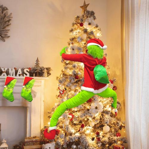 Green Monster Christmas Decorations, 5.2FT Christmas Tree Decor, Pose-able Xmas Stuffed Green Santa Body for Outdoor Indoor Yard Lawn Decoration