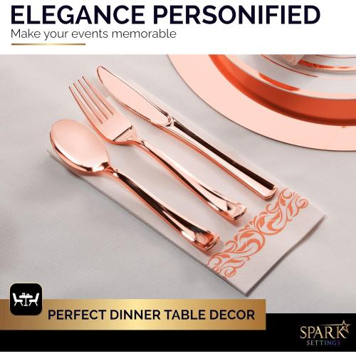 Heavy Duty Plastic Silverware Set - 300 Disposable Rose Gold Utensils (100 Forks, 100 Spoons & 100 Knives) for Party, Birthday, Wedding