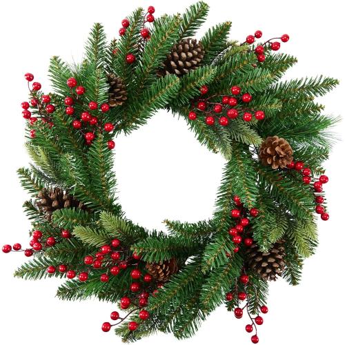 Large Outdoor Christmas Wreath, 24 Inch Christmas Wreaths for Front Door Outside, Farmhouse Indoor Winter Wreath Window, Home Decorations with Pine Cones, Red Berries, Evergreen Leaves