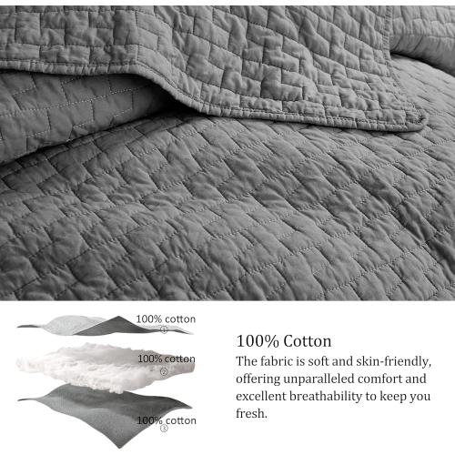 palassio Dark Grey 100% Cotton Quilt Queen Size Bedding Sets with 2 Pillow Shams, Textured Lightweight Soft Bedspread Shabby Chic Coverlet, Quilted Comforter Bed Cover for All Season, 3 Pieces