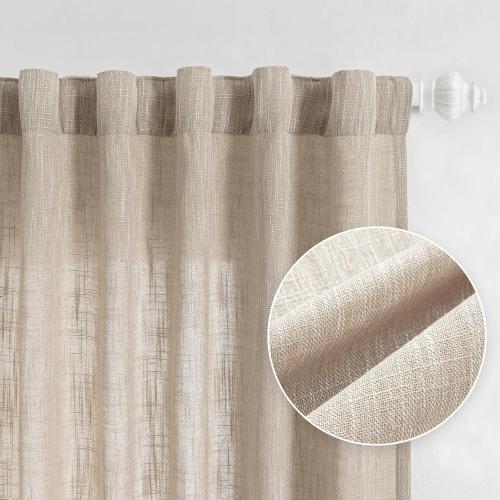 MYSKY HOME Boho Curtains Farmhouse Living Room Curtain Drapes, Light Filtering Semi Soft Cotton Blend Sheer Window Treatments for Sliding Glass Door Doorways, 50 x 90, Light Oatmeal, Set of 2