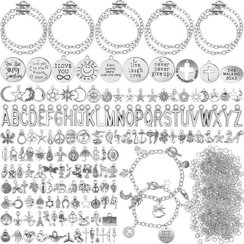 Highergo 469 Pcs Silver Charm Bracelet Making Kit DIY Bangles Bracelet Set Paperclip Chain Bracelets Alphabet Charms Jewelry Making Supplies with OT Toggle Clasp for Crafting