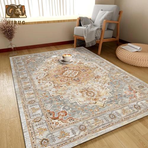 Washable Area Rug 9' x 12' Vintage Traditional Persian Mat - Foldable Distressed Non-Slip Machine Washable Carpet for Living Room Bedroom Kitchen Home Decor - Dove Gray and Coral