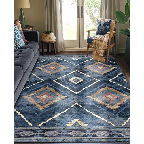 Area Rug Rug Machine Washable Non-Slip Low Pile Print Pattern Western Rug for Living Room Bedroom Entryway Tribal Series -Darkblue