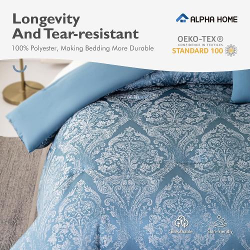 ALPHA HOME Queen Size Comforter Set - Jacquard Bedding Set for All Season Comfort, Luxurious Elegance Pillows Included (1 Comforter, 2 Pillow Shams, 2 Euro Shams)