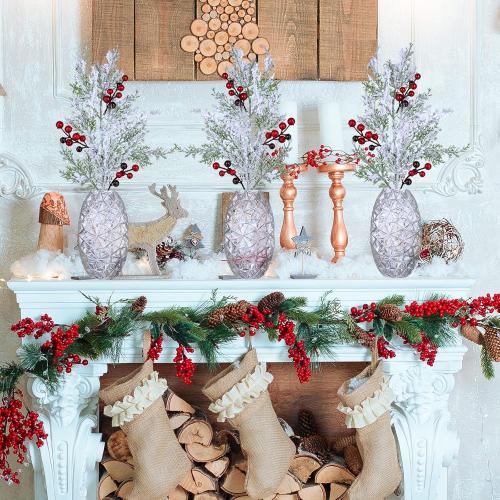 Set of  6 Pcs Snowy Artificial Cedar Picks with Red Berries Frosted Faux Cedar Sprays Christmas Cedar Greenery Branches Stems for Christmas Tree Wreath Floral Arrangement Vase Winter Holiday Décor