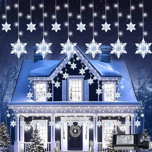 Snowflake Icicle Lights,8.2ft 144LED Curtain Fairy Light with 12 Drops,Connectable 8 Mode Timer Snowflake Christmas Lights Plug in for Bedroom,Window,Wedding,Indoor Outdoor Xmas Decor,White