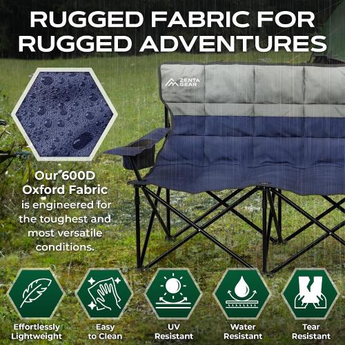 Oversized Fully Padded Double Camping Chair, Portable Folding Loveseat w/Side & Back Pockets, Adjustable Armrests, Double-Sized Cup Holders for Outdoor, Indoor, Supports 530LBS (Dark Navy)