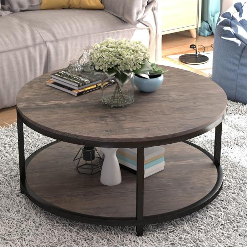 NSdirect Round Coffee Table,36 Coffee Table for Living Room,2-Tier Rustic Wood Desktop with Storage Shelf Modern Design Home Furniture(Light Walnut)
