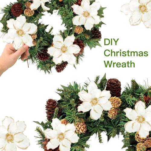Sggvecsy 10Pcs Christmas Glitter Flowers Christmas Tree Ornaments Artificial Poinsettia Flower Velvet Magnolia Stems Floral Picks for Xmas Wedding DIY Crafts Wreath Party Floral Decorations (White)