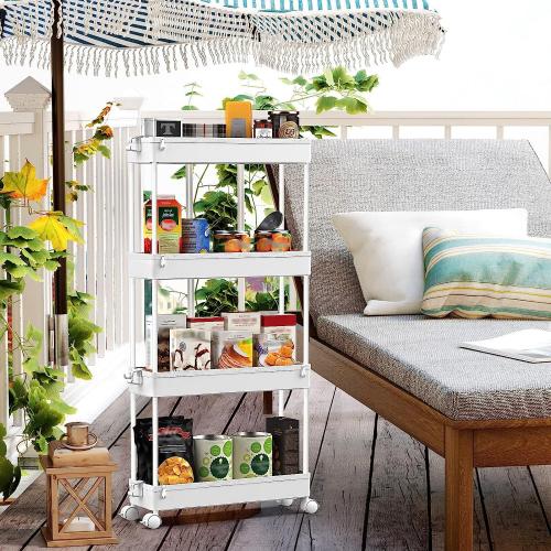 SPACEKEEPER Slim Rolling Storage Cart 4 Tier Bathroom Organizer Mobile Shelving Unit Utility Cart Tower Rack for Kitchen Laundry Narrow Places, White