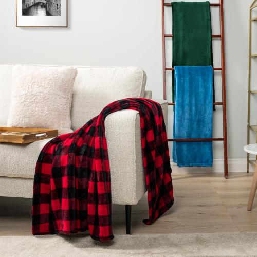PAVILIA Black and Red Buffalo Plaid Fleece Throw Blanket for Couch, Soft Checkered Flannel Blanket for Sofa, Plaid Christmas Couch Throw Bed, Warm Cozy Decorative Blanket Fall Decor Gift, 90x90