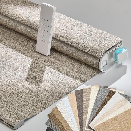 Persilux Smart Motorized Blinds with Remote, No Drill Automatic Roller Shades for Indoor Windows, Light Filtering Linen Fabric, Electric Blinds for Windows, Linen Light Brown C156-3, Custom Size