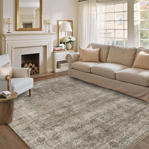 LARGE Washable Area Rug Grey Brown Vintage Rug for Living Room Bedroom Low Pile Soft Non-Slip Boho Rug for Under Table Boho Distressed Retro Carpet for Bedroom Kitchen Office Dining