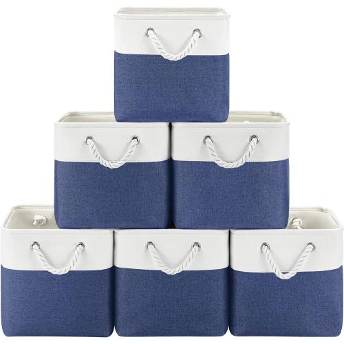 11 Inch Cube Storage Bins, 6 Pack Fabric Storage Cubes with Rope Handles, Organizer Baskets for Closet Shelves, Clothes and Home Organization(White/Blue)