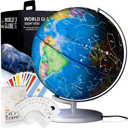 SMART WALLABY 9 Illuminated Educational Kids World Globe   STEM Flags & Countries Interactive Card Game. 3 in 1 Children Desktop Spinning Earth Political & Constellation Maps, LED Night Light Lamp