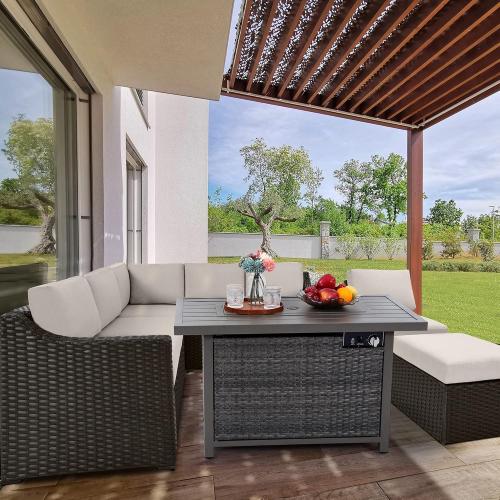 Size 42 Color Grey Fire Pit Table, HAPPATIO 42inch 50000 BTU Propane Fire Pit with Mental Fence Table Top, Lid, Black Glass Rock, CSA Safety Certified for Patio Balcony Backyard (Gray)