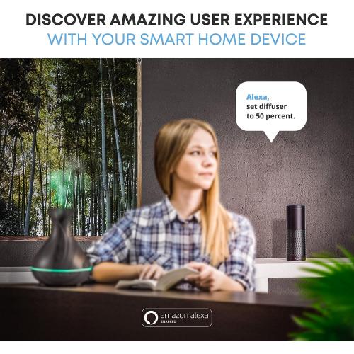 Smart WiFi Wireless Essential Oil Aromatherapy 400ml Ultrasonic Diffuser & Humidifier with Alexa & Google Home Phone App & Voice Control - LED & Timer Settings Dark Brown