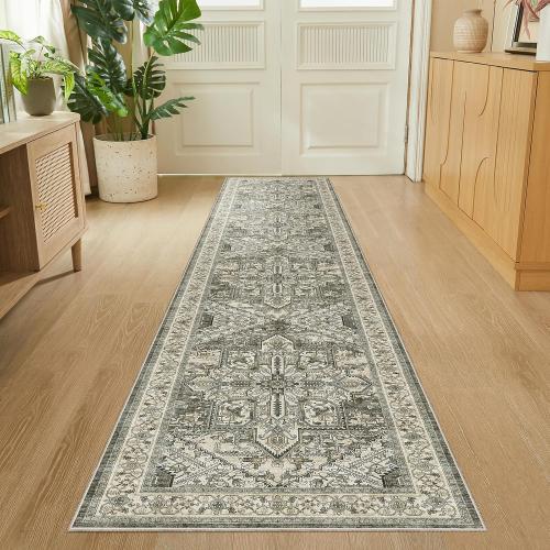 WITSHOCK 2x10 Long Runner Rug for Hallway: Washable Distressed Boho Low Pile Stain Resistant Foldable Carpet for Bedroom Kitchen Entryway Indoor Entrance, Oriental Farmhouse Floor Rug, Brown/Lvory