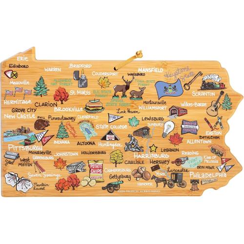 Totally Bamboo Pennsylvania State Shaped Cutting Board and Charcuterie Serving Platter with Artwork by Fish Kiss, Includes Hang Tie for Wall Display