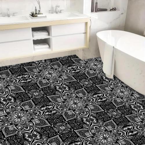 10PCS 12x12 Inch Peel and Stick Floor Tiles Self Adhesive Vinyl Flooring Tile Black White Mandala Pattern Removable Decals Bathroom Kitchen Living Room DIY Home Decoration