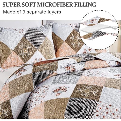 Dinjoy Floral Plaid Patchwork Quilt Set California King Size, Reversible Brown Bedding Set Soft Microfiber Lightweight Bedspread Coverlet 3 Piece Fall Autumn Use(106x96 inches, Cal King)