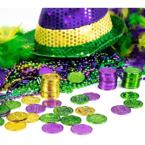 GiftExpress 144PC Mardi Gras Plastic Coins Assorted Metallic Gold Green Purple Mardi Gras Coins Bulk for Mardi Gras Parade, Party Favors