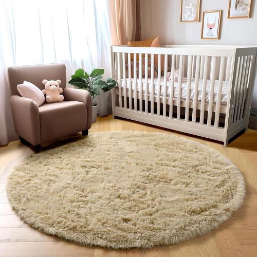 Amdrebio Beige Round Area Rug 4Ft for Bedroom, Machine Washable, Fluffy Plush Shag Furry Circle Rugs for Kids Room, Living Room Decor Aesthetic, Cute Fuzzy Carpet for Nursery Playroom Dorm Baby Teens