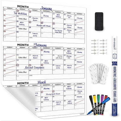 Large 36x48 Quarterly White Board Calendar Dry Erase Calendar for Wall 3 Month Big Dry Erase Wall Calendar Monthly Dry Erase Board Planner Includes 6 Markers Eraser Push Pins & Mounting Tape