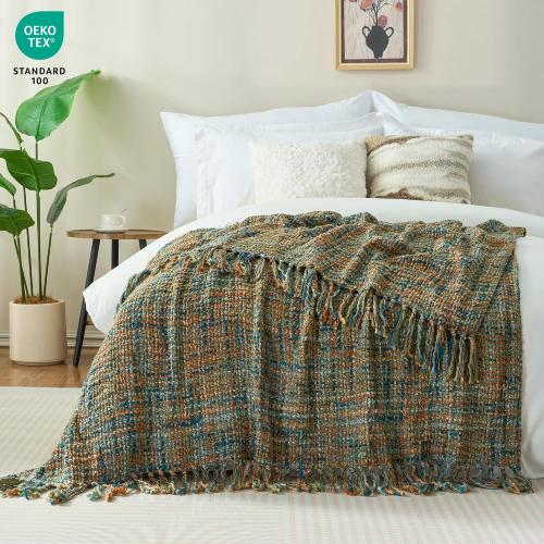 Multi-Color Gold Green Cable Woven Throw Blanket for Couch,50X60 Boho Style Textured Blankets for Home Decor,Super Soft Warm Cozy Chunky Blanket with Decorative Tassels for Bed