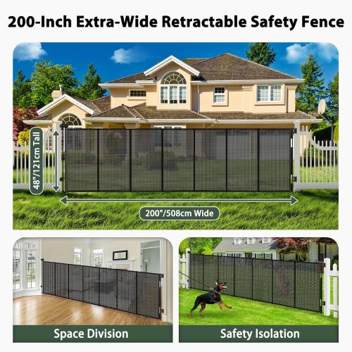 200 Retractable Baby Gates Extra Wide Dog Gates for Doorways, 48 Extra Tall Pet Gate Retractable Dog Gate, Long Baby Gate Retractable Fence Outdoor, Driveway Gate Retractable Garage Gate, Black