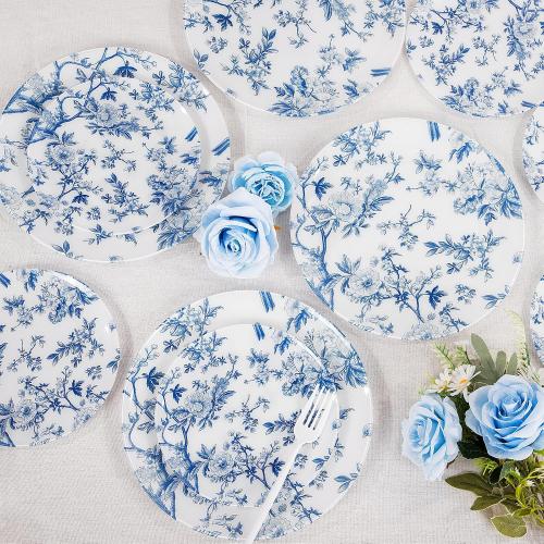 EI 60pcs Blue Plastic Plates Disposable Heavy Duty,Blue and White Floral Disposable Plates,10.25 Dinner & 7.5 Dessert Plate,Natural Fresh and Elegant Decorations for Birthdays/Tea Party/Wedding
