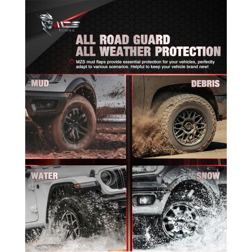 MZS Mud Flaps Splash Guards Compatible with Silverado Sierra Ram 1500 2500 3500 F150 F250 F350 Tacoma 4Runner Tundra Titan XD Truck Pickup, Offset No-Drill Mudflaps Mudguards, Front and Rear, 4Pcs