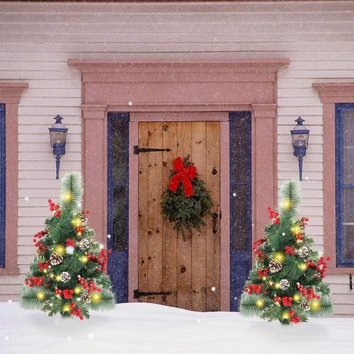 Lulu Home 2 Pack 2 Ft Pre-Lit Pathway Christmas Trees with Stake, Battery Operated 60 LED Lighted Small Christmas Trees Yard Stake Outdoor Decoration with Red Berries, Red Balls, Pine Cones
