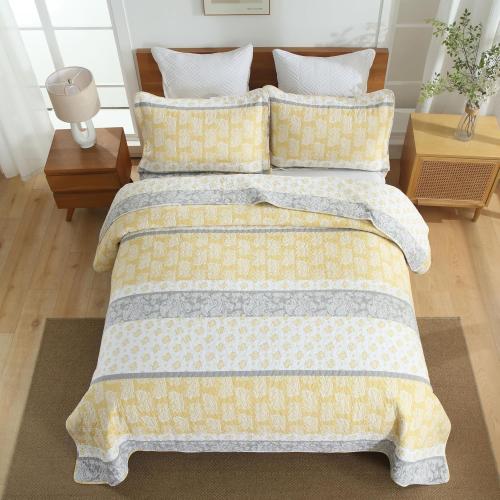 Yellow Quilts Queen Size, Cotton Bed Set, Yellow Grey White Comforter, Striped Bedding Queen Size, Lightweight Luxury Bedspread,3 Piece