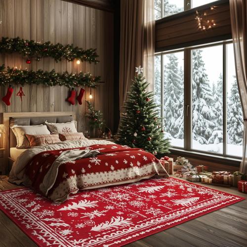 Christmas Decorative Rug 6x9 for Bedroom Living Room Christmas Tree Area Rug Indoor Throw Area Rug Washable Non Slip Low Pile Rug for Dining Room Home Study Holiday Decor(Xmas Tree Red,6x9ft)
