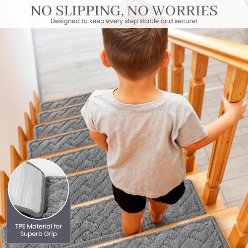 Carpet Non Slip Stair Treads Indoor – Washable Thicker Polyester Fiber Fade Resistant Stair Rugs for Kids Elders and Pets – 9 X 30 Size Rugs Pack of 15