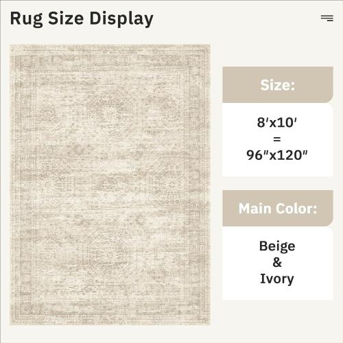 Washable Area Rug 8x10, Large Soft Rugs for Living Room Vintage Beige Carpet 8x10 Area Rugs for Bedroom Dining Room Non-Slip Stain Resistant Under Table Rug
