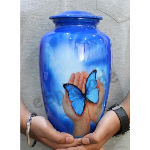 eSplanade Metal Cremation Urn Memorial Jar Pot Container | Full Size Urn for Funeral Ashes Burial | Butterfly Print | Blue - 10 Inches