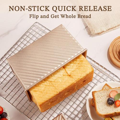KITESSENSU Pullman Loaf Pan with Lid 1 Pack, 1 lb Dough Capacity Non-Stick Bakeware for Baking Bread, Carbon Steel Corrugated Bread Toast Box Mold with Cover for Baking Bread, Gold