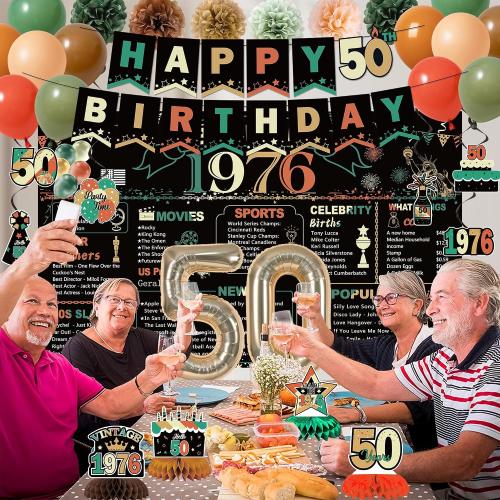 DARUNAXY Colorful 1976 50th Birthday Decorations for Men Women(32PC) | Back in 1976 Banner, 50 Number Balloons & Cake Topper, Vintage 1976 50 Year Old Birthday Honeycomb Hanging Swirl Supplies