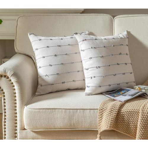 Caflife Boho Throw Pillow Covers 18x18 inches Beige and Grey, Set of 2 Modern Farmhouse Decorative Pillow Covers for Couch Bed, Living Room