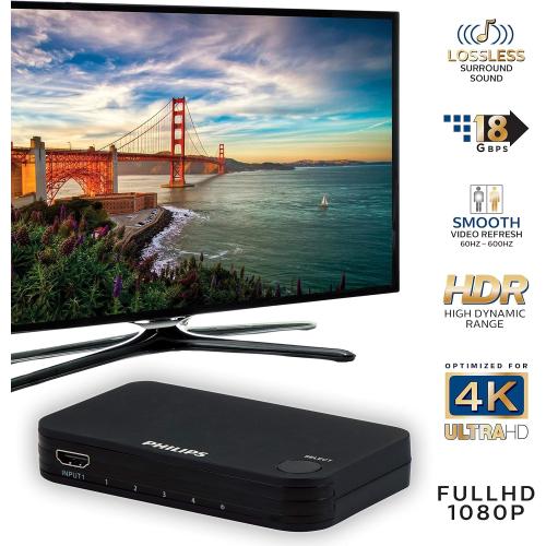 Philips 4 Device HDMI Switch, Wireless Remote, Use with 4K Smart TV Roku Xbox PS3 PS4 Fire Stick DVD Blu Ray Fire TV HDTV Cable Box PC, 4K 1080p 60 FPS, Ultra HD, HDCP 2.0, Black, SWV9484B/27