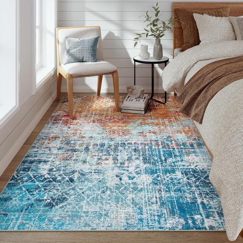 Orange and Teal Abstract Washable Living Room Rug, Large Teal Orange Carpet for Bedroom, Boho Dining Room Rug Non Slip, Modern Moroccan Throw Carpet for Girls Room Playroom Office (Orange/Teal)