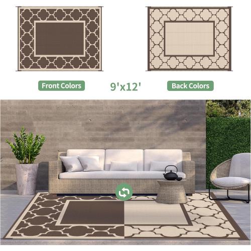 GENIMO 9' x 12' Outdoor Rug Waterproof for Patio Decor, Foldable Reversible Plastic Straw Area Rugs Mat for Camper, Outside Carpet for Rv, Deck, Porch, Picnic, Beach, Balcony, Coffee & Beige