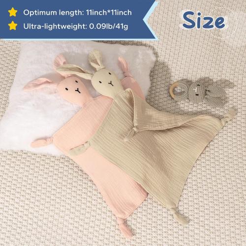 ZIGJOY Bunny Lovey Muslin Cotton Baby Security Blanket Soft Breathable Lovies for Babies Gifts for Newborn Infant Toddler Boys and Girls, Pink & Khaki