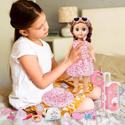Doll Suitcase Travel Sets, 18 inch Doll Clothes and Accessories - 28 Pcs Travel Pillow, Unicorn Bag, Sunglasses, Camera, Computer, Phone, Passport, Birthday Gifts for Age 3 4 5 6 7 Year Old Girls